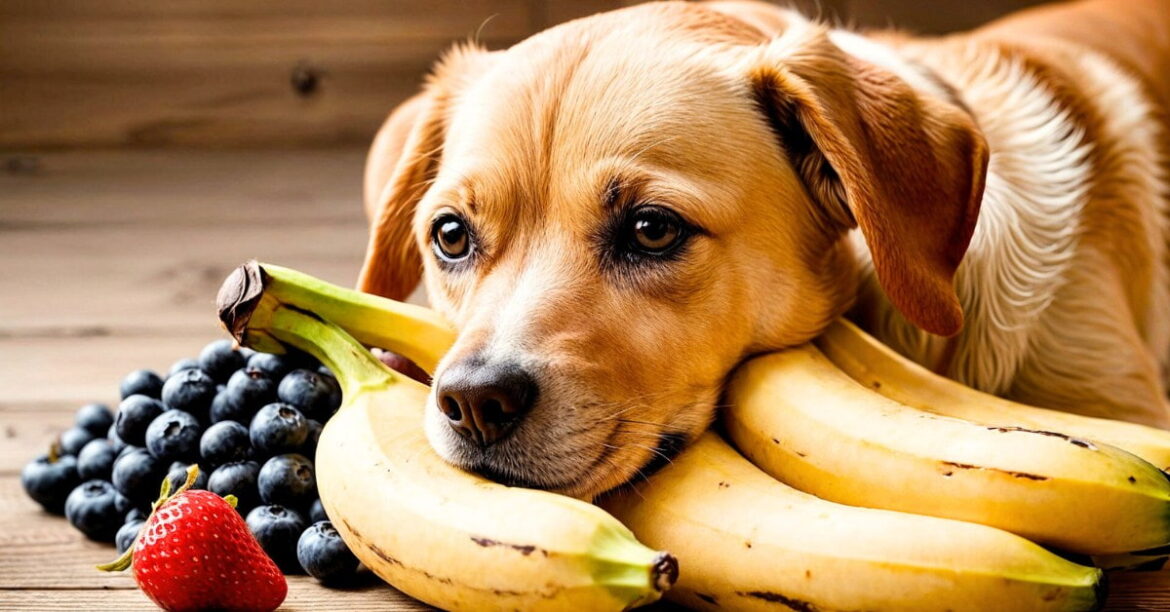 An adorable dog lying on a pile of fresh fruits, including bananas.