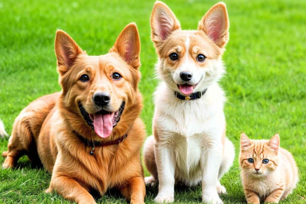Two dogs and a cat happily posing together in a frame, showcasing their friendship