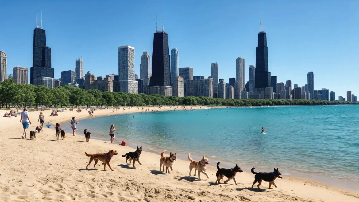 Happy dog playing on Montrose Dog Beach in Chicago with owner under sunny sky