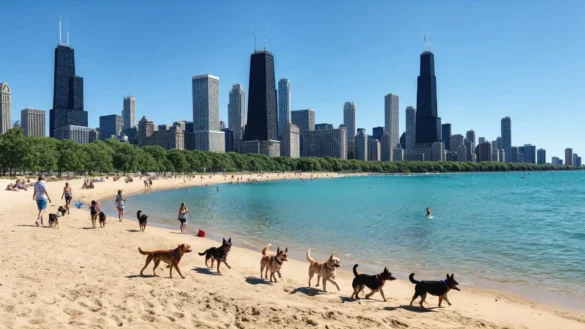 Happy dog playing on Montrose Dog Beach in Chicago with owner under sunny sky