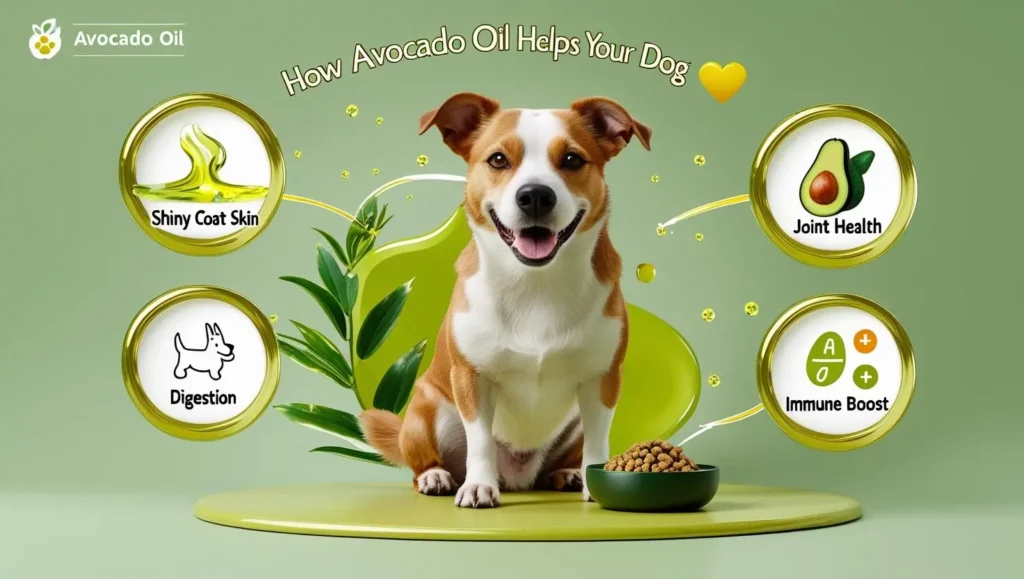 Can Dogs Eat Avocado Oil? I think A fresh avocado beside a happy dog, highlighting the nutritional and health benefits of feeding avocado in moderation.