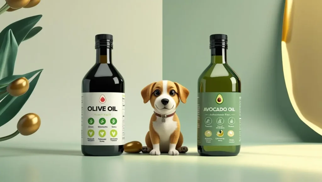 A selection of natural oils—olive, avocado, and coconut—arranged near a dog bowl, representing a visual answer to the question: what oil is good for dogs?