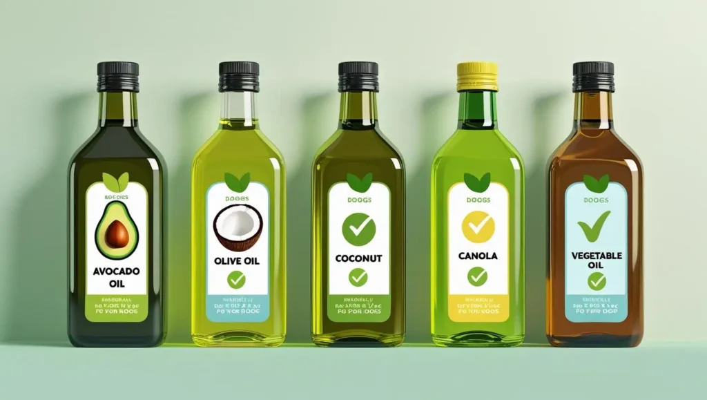 A selection of natural oils—olive, avocado, and coconut—arranged near a dog bowl, representing a visual answer to the question: what oil is good for dogs?